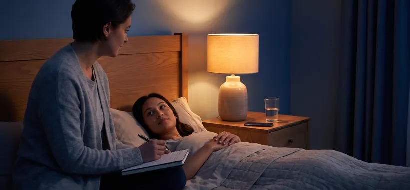 One person writes in a small notebook at the bedside while another rests under a quilt in a lamplit bedroom at night.