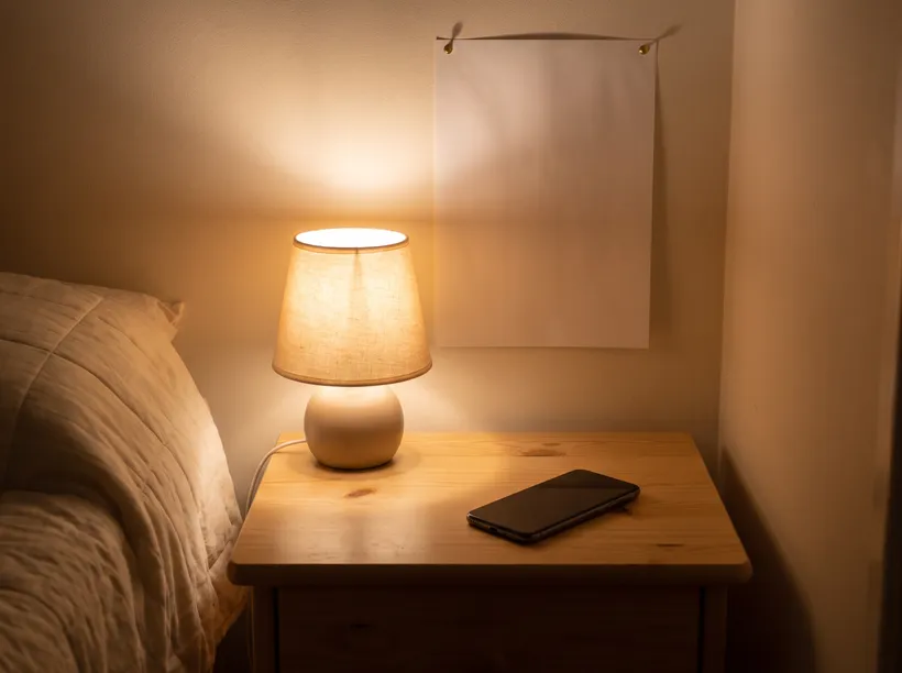 A one-page written agreement pinned above a bedroom nightstand, with a phone face-up beside the bed ready as the exit cue.