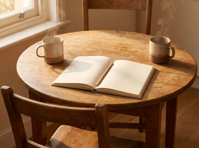 An open blank journal and two mugs on a kitchen table in soft morning light, set for the morning debrief.