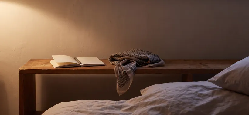 A small wooden bedside shelf at night holds an open journal with a pen and a folded patterned scarf, warm lamp light beside a bed.