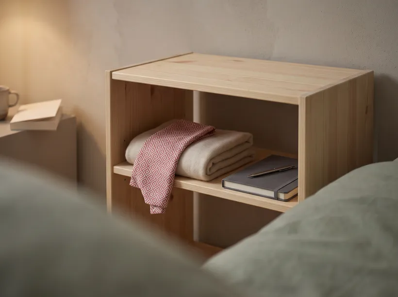 A quiet bedside shelf with a folded scarf, a small patterned cloth, a closed journal, and a pen