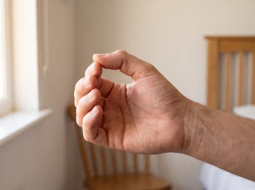 A hand pressing the pad of a thumb against the pad of an index finger