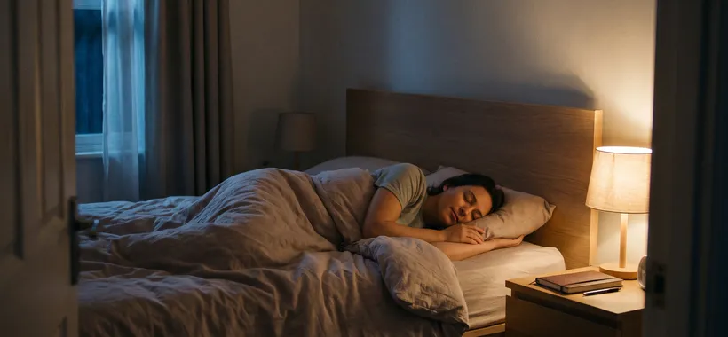 A person sleeping peacefully on their side in a dim bedroom at night, a small lamp glowing beside a journal on the nightstand
