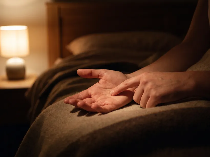 One fingertip pressed into the opposite palm, a reality check done in dim bedroom light.