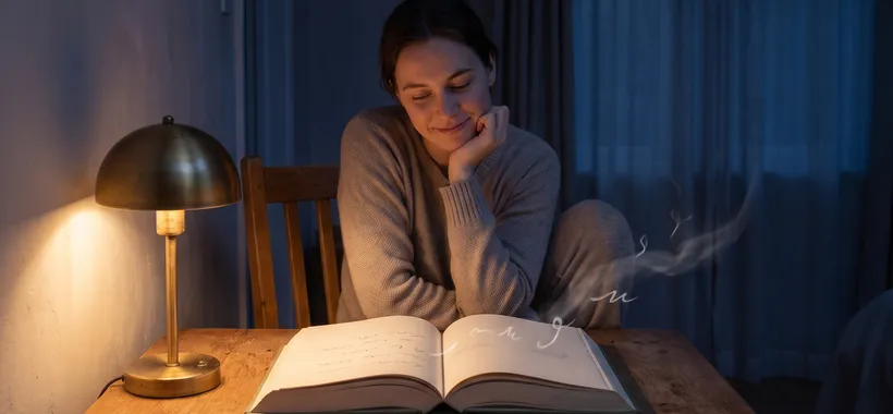 A dreamlike, lamp-lit room at night where a curious reader watches faint unreadable scribbles lift from the pages of an open book on a wooden table.