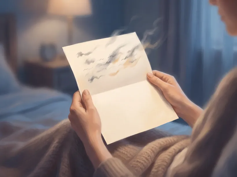 Dreamlike scene of a reader holding a letter whose page shows only faint drifting almost-letters