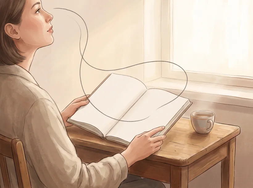 A reader glances away from a book page and back, a thin line tracing the look and return