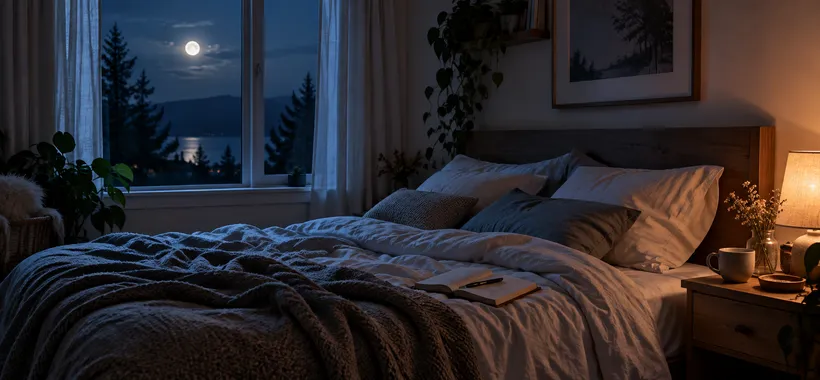 Moonlight and a warm bedside lamp fall across an unmade bed, with an open journal and pen nearby.