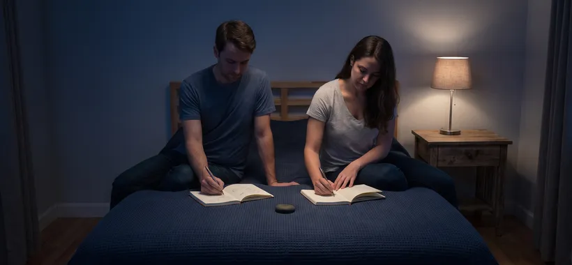 A couple sitting on the edge of a bed at night, each writing separately in an open journal by warm lamplight