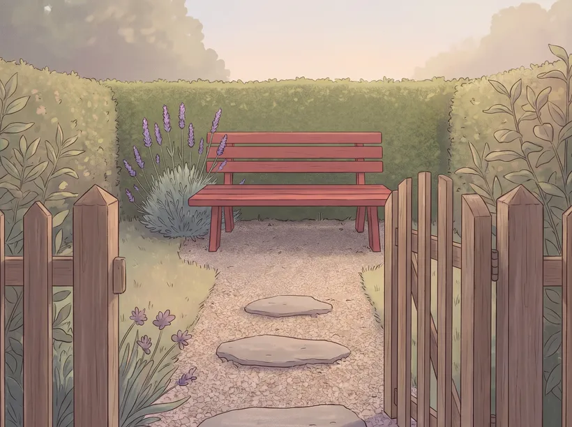 A small dreamlike garden with a single red bench, the one simple meeting place and anchor object the article describes