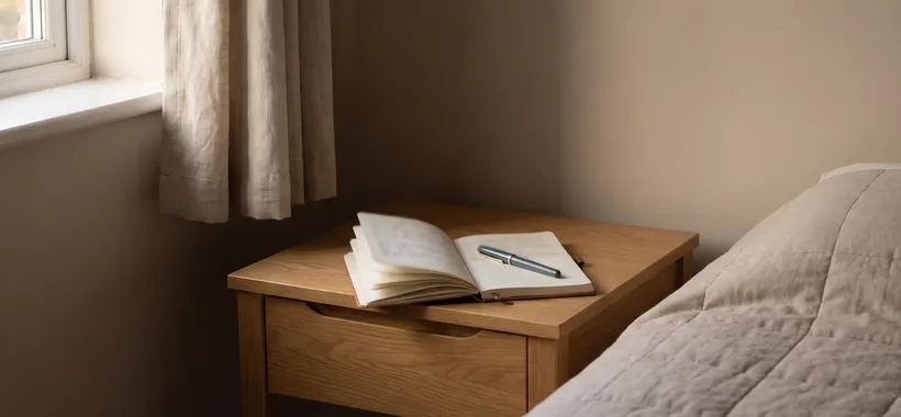 An open dream journal with a pen on a small wooden nightstand beside a bed in soft early morning light.