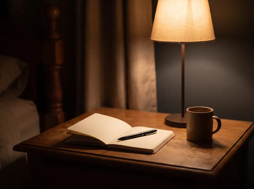 A bedside notebook and pen under a warm lamp, ready for a groggy middle-of-the-night dream entry