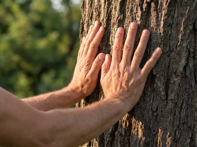 Two hands pressed against rough tree bark, felt for its texture up close