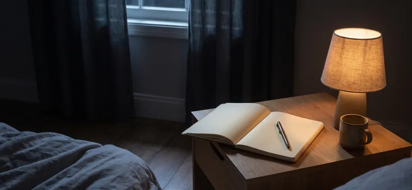 A dim bedroom at night, an open blank journal and a pen on a wooden nightstand beside a warm low lamp.