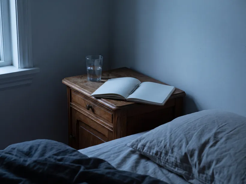 An open notebook and pen on a nightstand beside a bed in dim light, ready for the one-line dream note