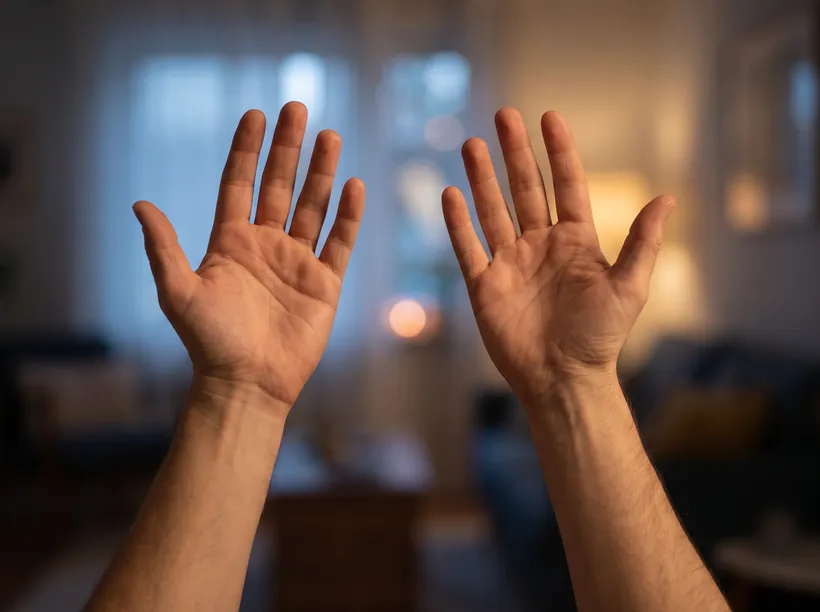 First-person view of two hands held palm-out at arm's length against a softly blurred dreamlike background