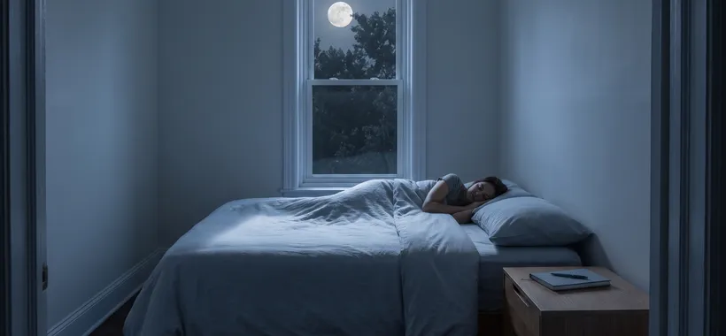 A person sleeps in a moonlit bedroom at night, with a closed notebook and pen resting on the nightstand beside the bed.