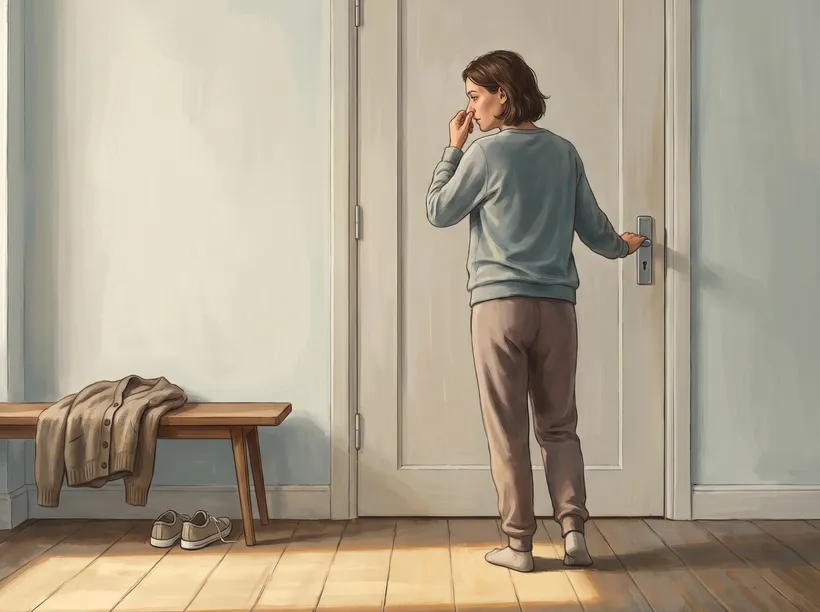 A person pausing at a plain door in a sunlit hallway with one hand on the handle and the other gently pinching their nose closed, taking a quiet reality check