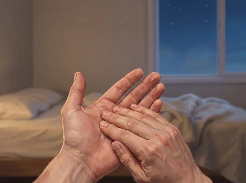 Two hands rubbing palm against palm in the foreground of a soft dreamlike bedroom at night, ordinary contact used to ground an early lucid moment