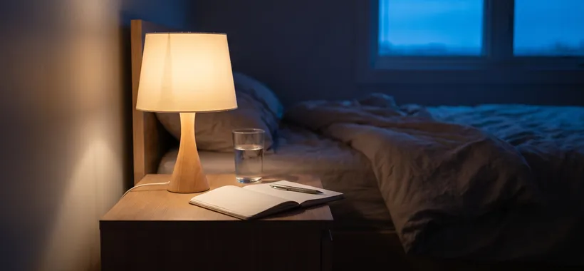 Open notebook with a pen on a bedside table beside a small lamp in a dim bedroom at dawn.