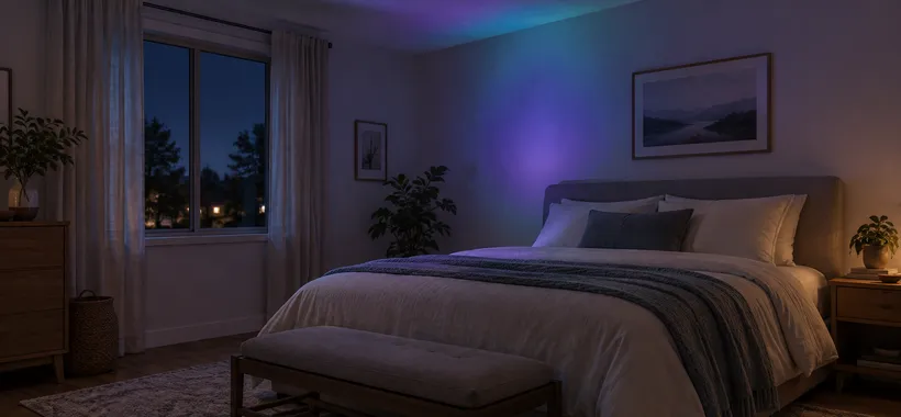 A dim bedroom at night, with soft blue and violet light washing across the wall and ceiling above a bed.