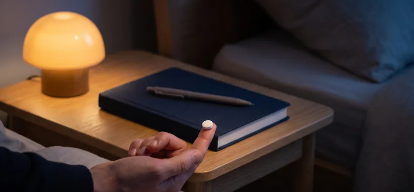 A fingertip resting on the edge of a bedside journal holds a small white lozenge in warm lamp light at night.