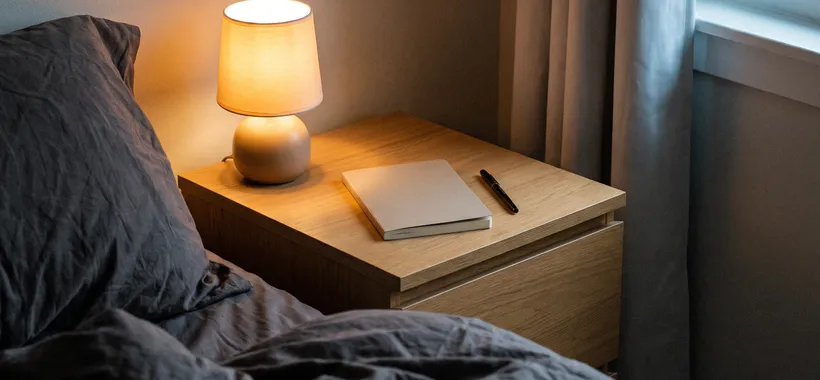 A closed journal and a pen lying beside it on a wooden nightstand under a warm table lamp, in a calm early-morning bedroom.
