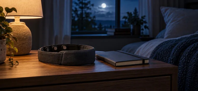 A generic dark EEG sleep headband and closed notebook on a bedside table in a dim bedroom