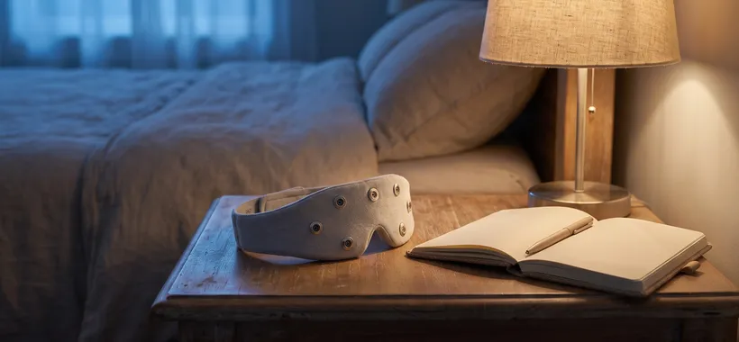 A soft EEG headband resting on a nightstand beside an open dream journal in dim lamplight.