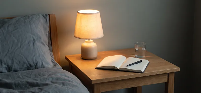 An open plain notebook and pen on a dim bedside table beside a small warm lamp at night.