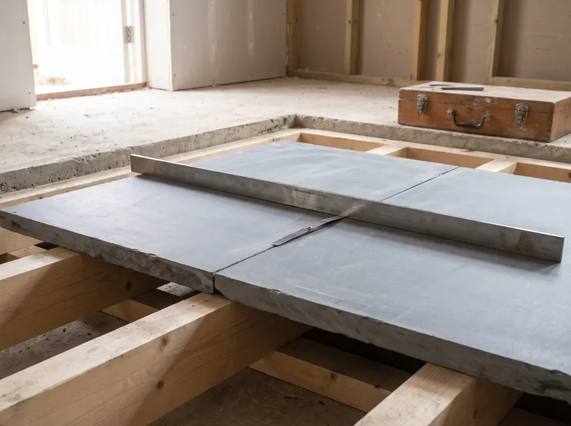 A straightedge laid across the seam of two slate sections on a snooker table frame, with a feeler gauge reading the gap at the joint