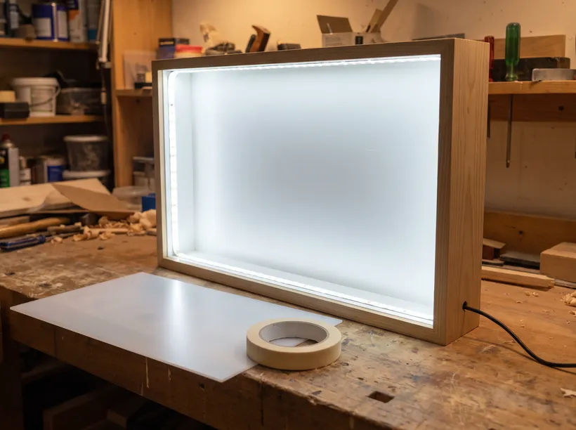 Shadow box fake window mid-build on a workbench: LED strip around the inside of the open frame, diffuser panel and tape beside it, cord exiting low