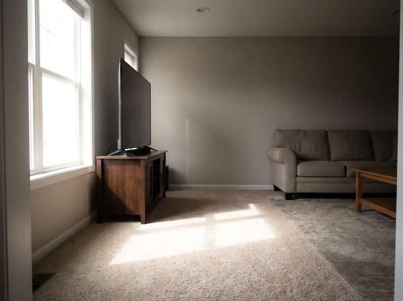 Dim room corner away from the bright window, with a TV cabinet partially blocking the daylight path to the spot