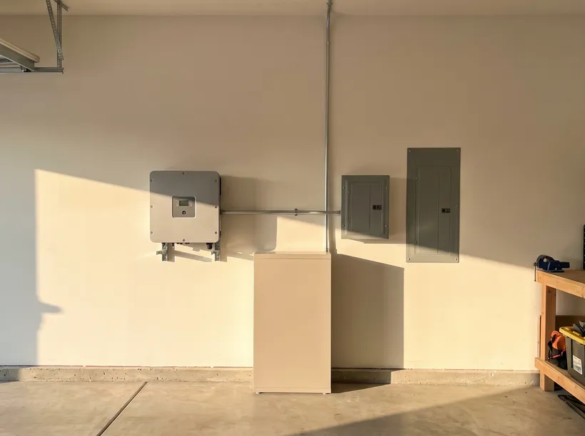 Garage corner with a battery cabinet on the floor, a wall-mounted inverter and subpanel beside it, and conduit running up toward the roof