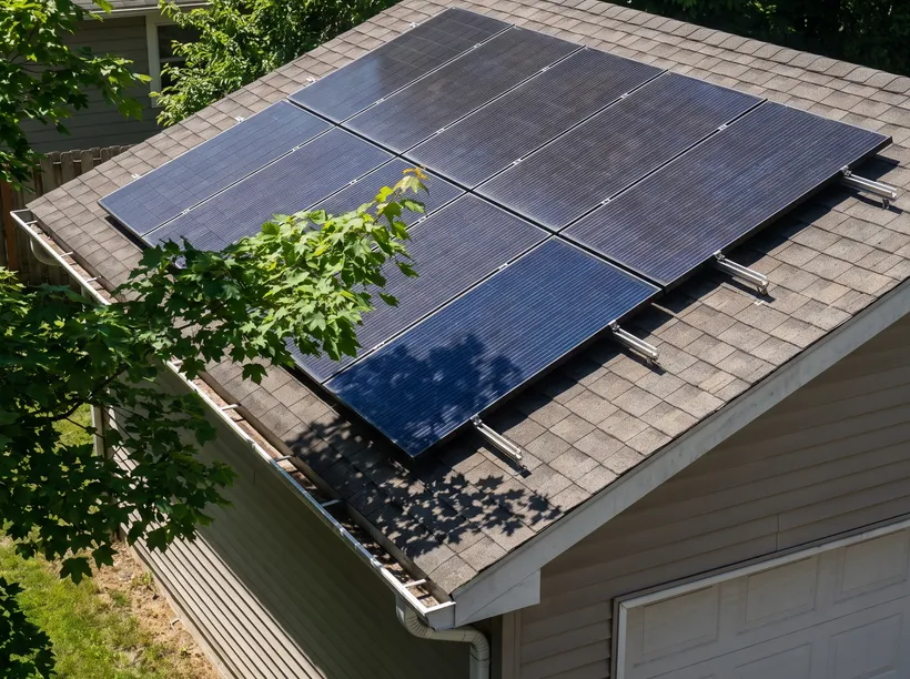 Garage roof with a solar array where one module sits in the shadow of an overhanging tree limb while the rest sit in full sun